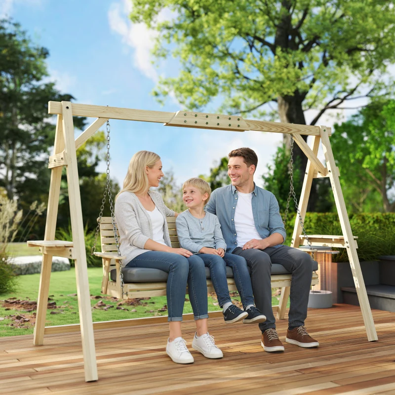 Outsunny 3 Seat Wooden Porch Swing with Stand, Patio Swing with Cushion, for Garden, Poolside, Backyard, Natural Wood