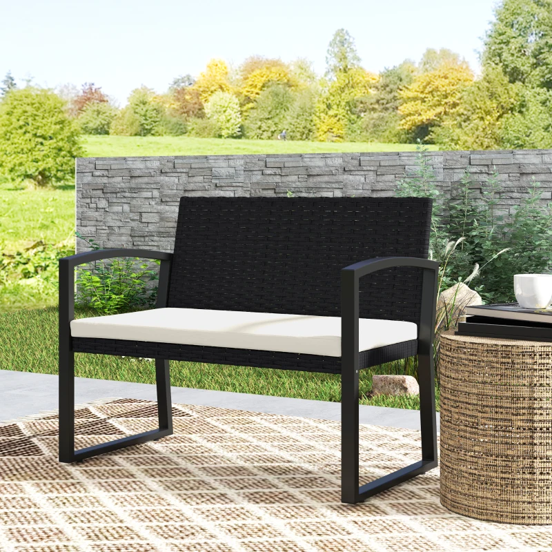 Outsunny 2 Seater Outdoor Bench, Rattan Garden Bench Loveseat with Cushion, Armrests, Steel Frame for Patio, Porch, Beige