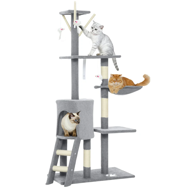 PawHut 53" Cat Tree Tower, Kitten Activity Centre with Scratching Posts, Condo, Perches, Ladder, Hammock, Dangling Toys, Grey