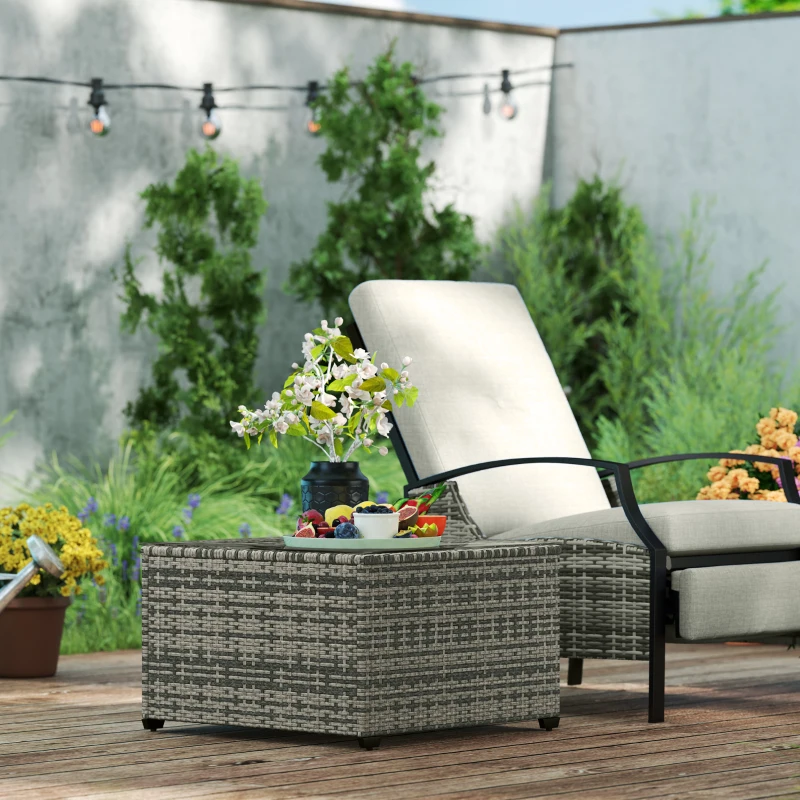 Outsunny 24.4" Patio Wicker Coffee Table, PE Rattan Outdoor Side Table with Tempered Glass Top, Light Grey