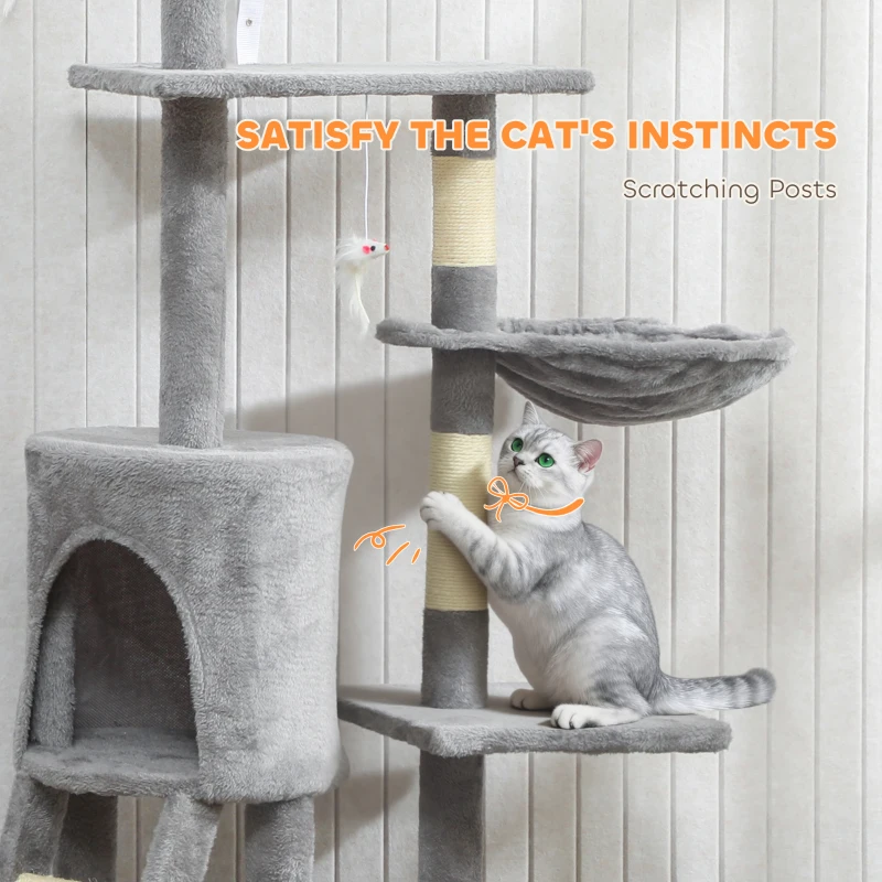PawHut 53" Cat Tree Tower, Kitten Activity Centre with Scratching Posts, Condo, Perches, Ladder, Hammock, Dangling Toys, Grey