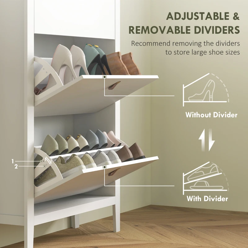 HOMCOM Narrow Shoe Cabinet with 3 Flip Drawers, Adjustable Shelves for Entryway, Holds 15-21 Pairs, White