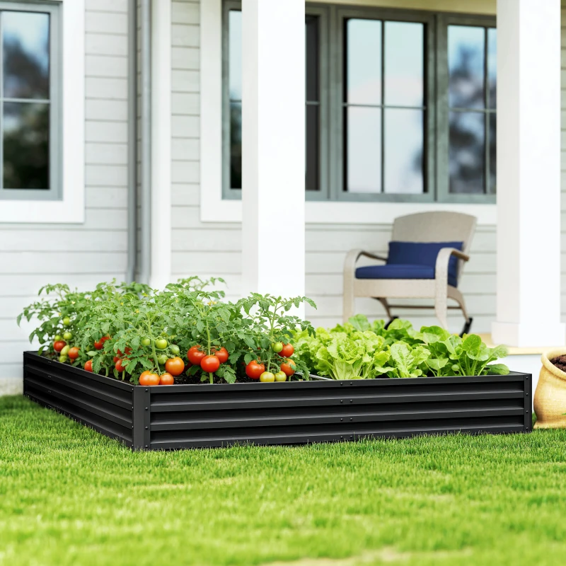 Outsunny L-Shaped Raised Garden Bed, 82" x 109" x 12" Galvanized Steel Planter Box with Multi-reinforced Rods for Vegetables, Flowers and Herbs, Black