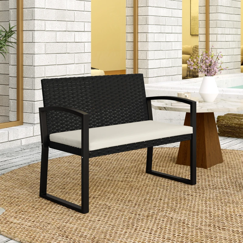 Outsunny 2 Seater Outdoor Bench, Rattan Garden Bench Loveseat with Cushion, Armrests, Steel Frame for Patio, Porch, Beige