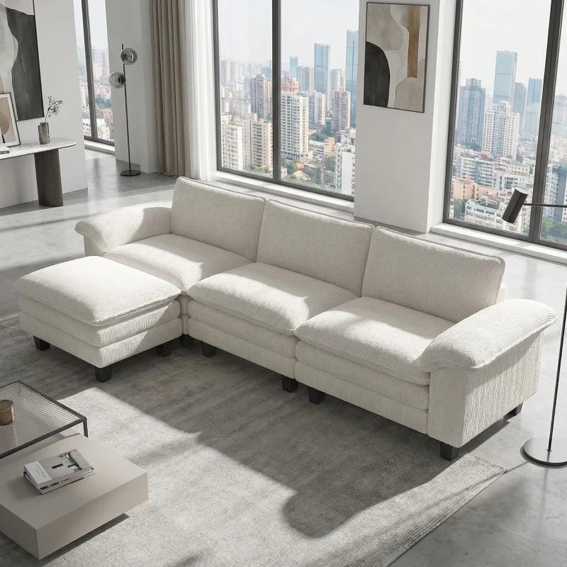 HOMCOM Sectional Sofa, L Shaped Couch with Deep Seat, Movable Ottoman and Pillow-top Armrests, Beige