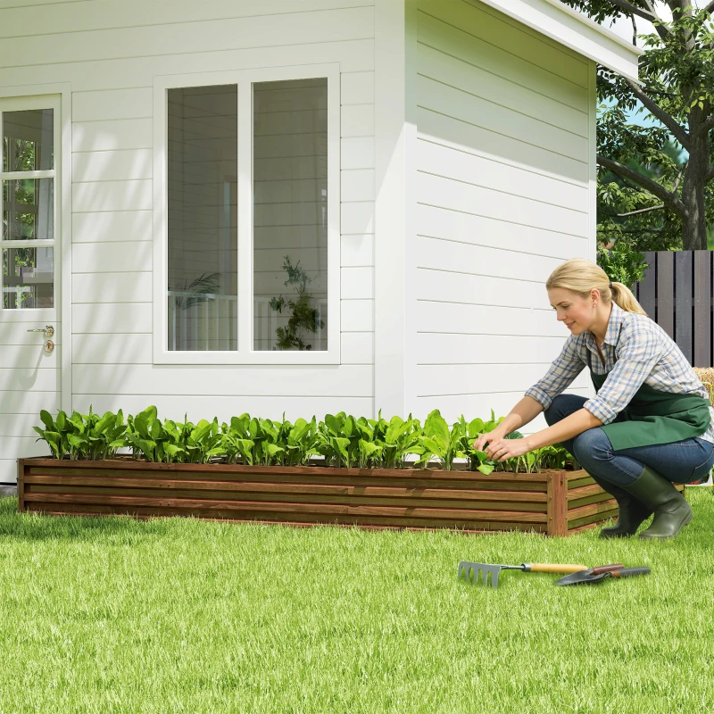 Outsunny L-Shaped Raised Garden Bed, 82" x 109" x 12" Galvanized Steel Planter Box with Multi-reinforced Rods for Vegetables, Flowers and Herbs, Dark Brown Wood Effect