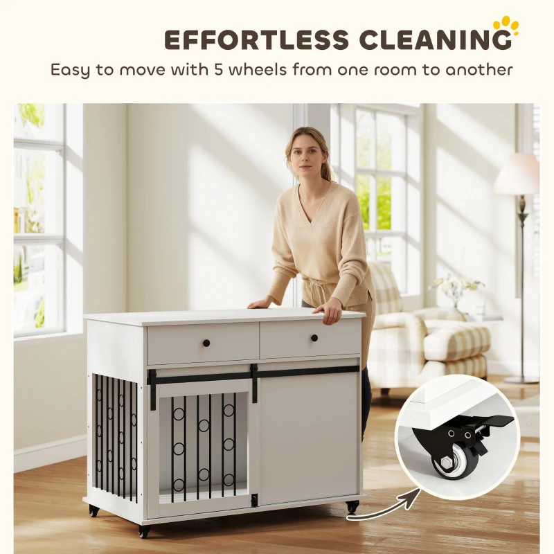 PawHut 39" Dog Crate Furniture, Dog Kennel Indoor with 2 Drawers, Wheels, Sliding Door, Dog Cage for Medium Large Dogs, Oak