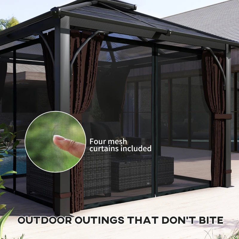 Outsunny 10' x 10' Hardtop Gazebo with 7mm Double Polycarbonate Roof, Outdoor Gazebo with Netting and Curtains, Coffee