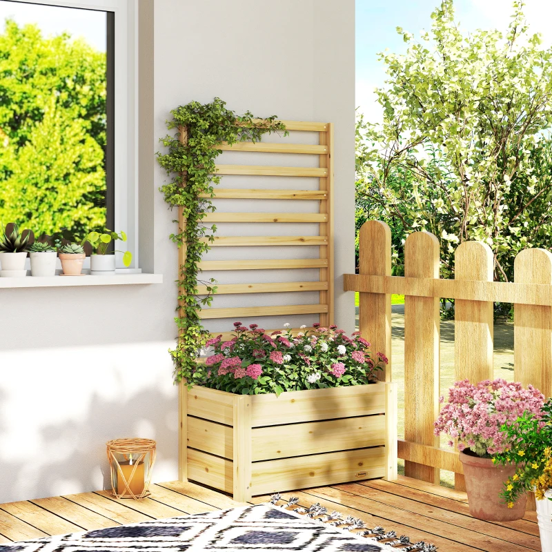 Outsunny Wooden Raised Garden Bed with Trellis, Outdoor Elevated Planter Box with Drainage Hole and Bed Liner