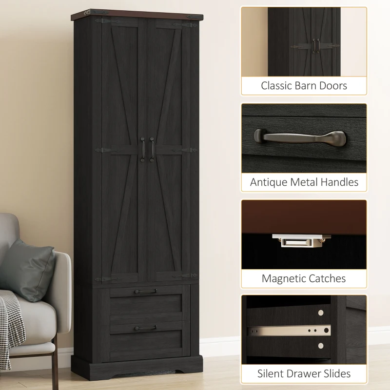 HOMCOM 71" Tall Kitchen Pantry Cabinet, Farmhouse Kitchen Storage Cabinet with 2 Drawer and Adjustable Shelves, Black