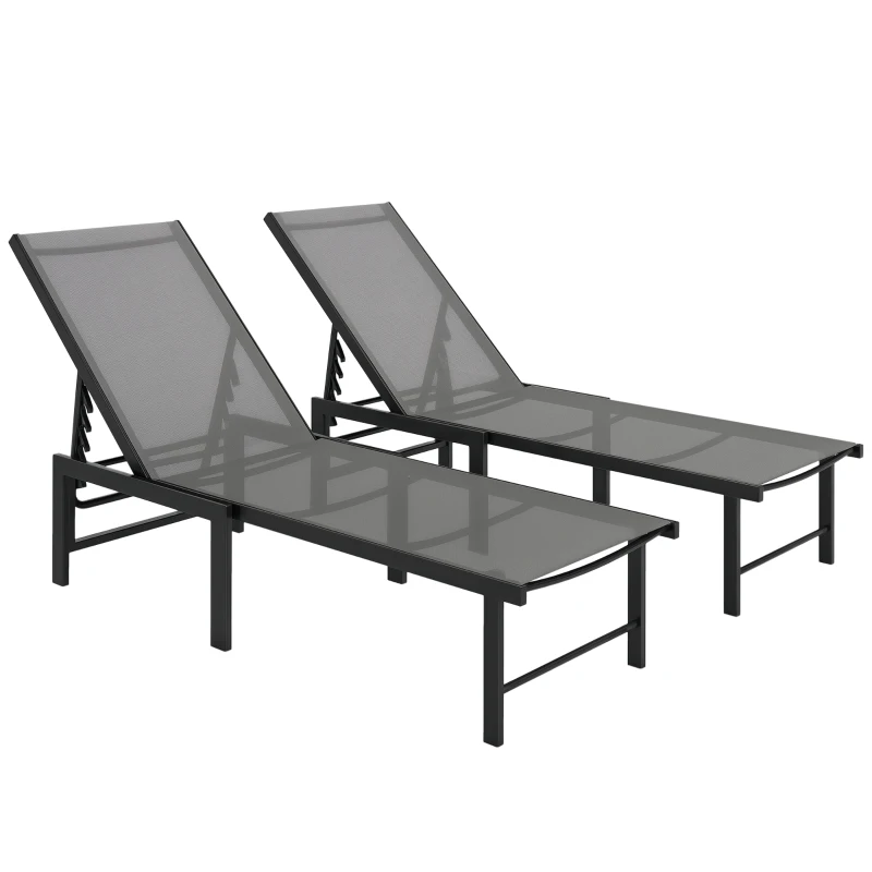 Outsunny Outdoor Lounge Chair Set of 2, 5-Position Reclining Outdoor Chaise Lounge Tanning Chair with Mesh Seat, Grey