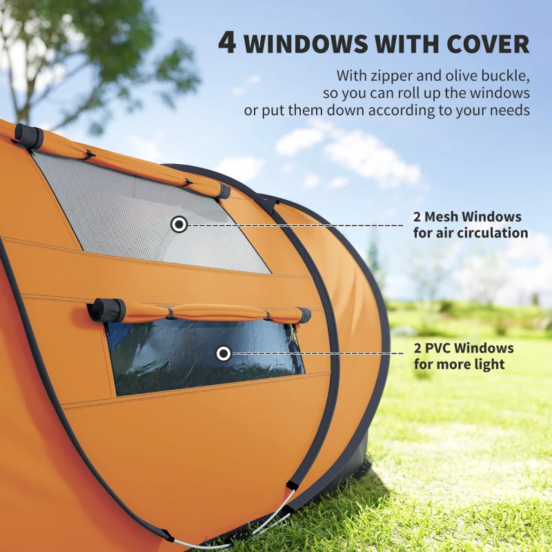 Outsunny 4 Person Camping Tent, Easy Pop Up Tent with Doors, Windows and Carry Bag, Automatic Setup Tent for Hiking, Orange