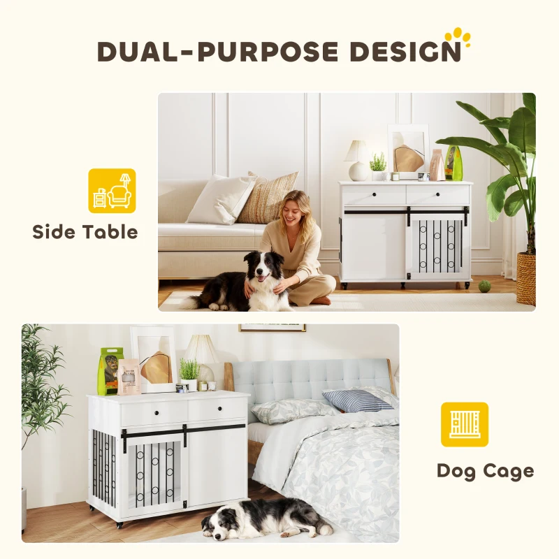 PawHut 39" Dog Crate Furniture, Dog Kennel Indoor with 2 Drawers, Wheels, Sliding Door, Dog Cage for Medium Large Dogs, Oak