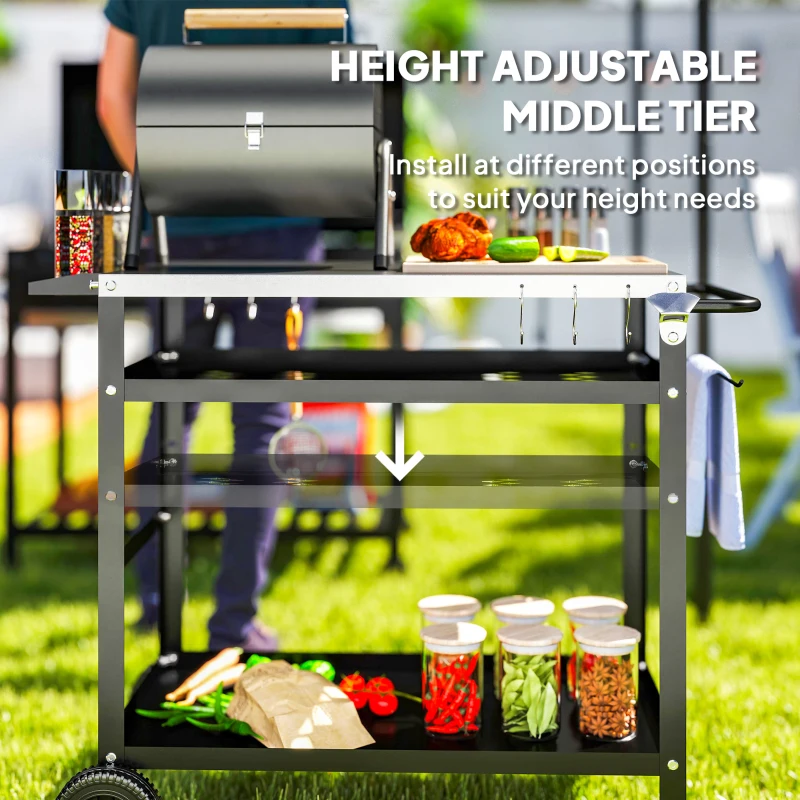 Outsunny BBQ Stand with Stainless Steel Top Adjustable Shelf, Outdoor BBQ Station with Hooks Seasoning Tray Towel Rack
