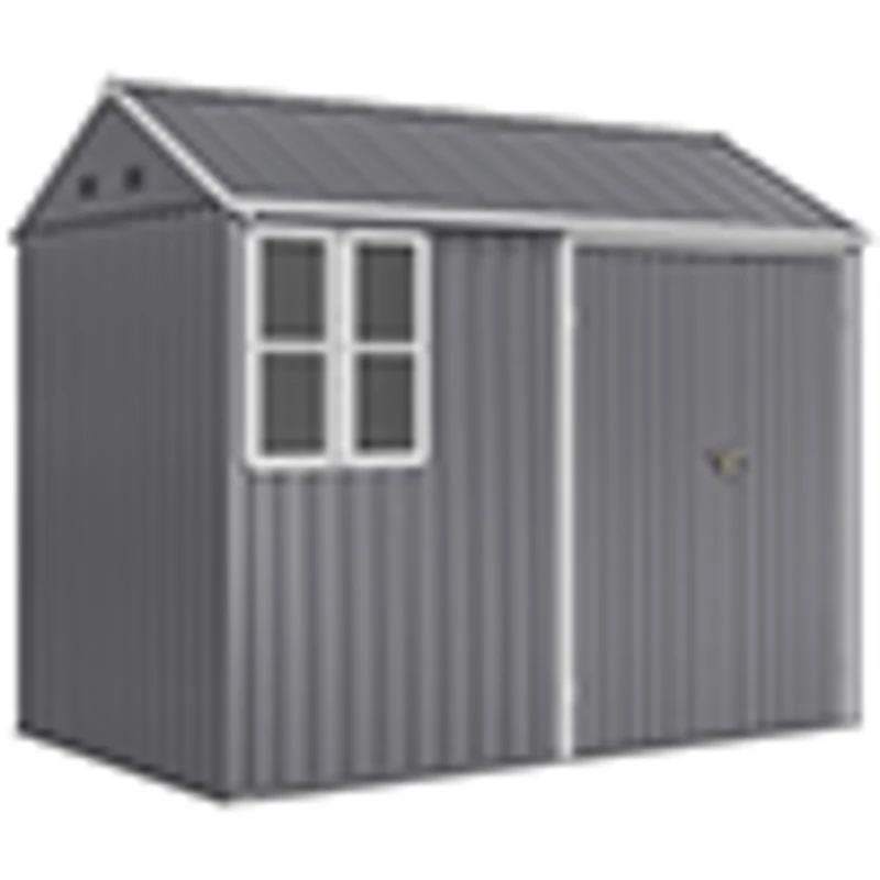 Outsunny 8.5' x 5.5' Metal Garden Storage Shed, Outdoor Tool Storage House with Lockable Door, Vents, Sloped Roof, Light Grey