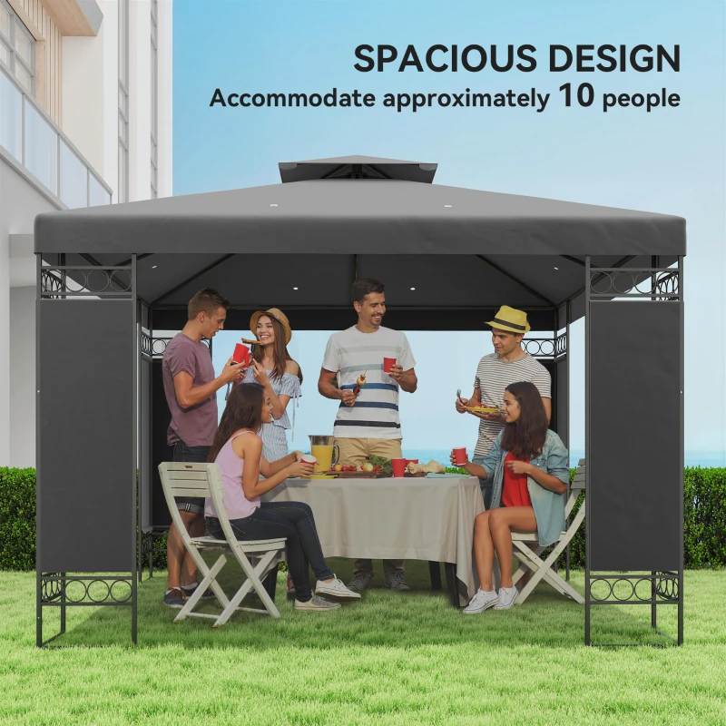 Outsunny 10 x 10 FT Canopy Gazebo, Double Roof Patio Gazebo with Screen Panels and Metal Frame for Deck, Backyard, Dark Grey