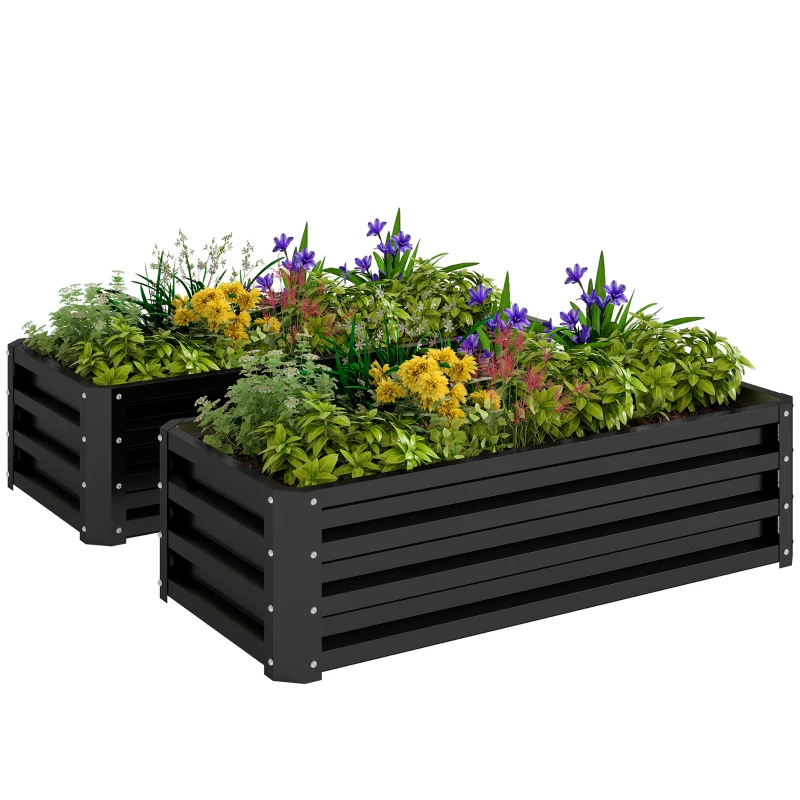 Outsunny Galvanized Raised Garden Beds, Outdoor Planter Box, Set of 2, for Flowers, Herbs and Vegetables, Black