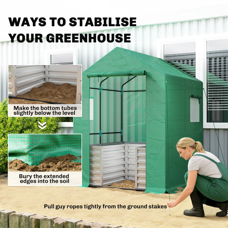 Outsunny Greenhouse with Raised Garden Bed, Galvanized Metal Planter Box with PE Cover, Roll Up Door, 56" x 56" x 75", Green
