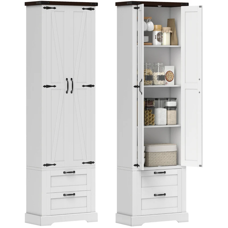HOMCOM 71" Tall Kitchen Pantry Cabinet, Farmhouse Kitchen Storage Cabinet with 2 Drawer and Adjustable Shelves, White