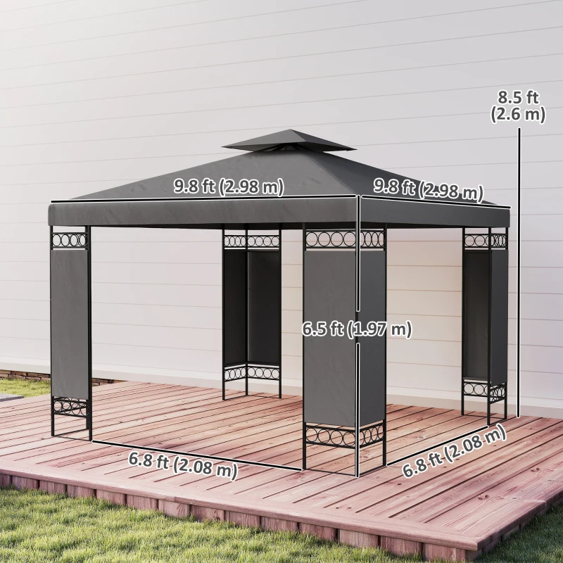 Outsunny 10 x 10 FT Canopy Gazebo, Double Roof Patio Gazebo with Screen Panels and Metal Frame for Deck, Backyard, Dark Grey