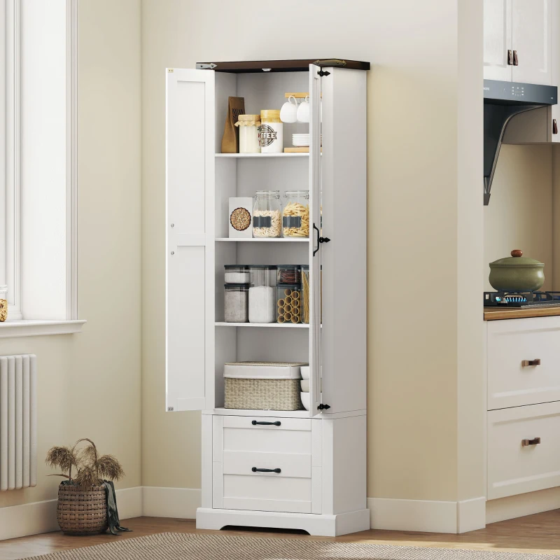 HOMCOM 71" Tall Kitchen Pantry Cabinet, Farmhouse Kitchen Storage Cabinet with 2 Drawer and Adjustable Shelves, White