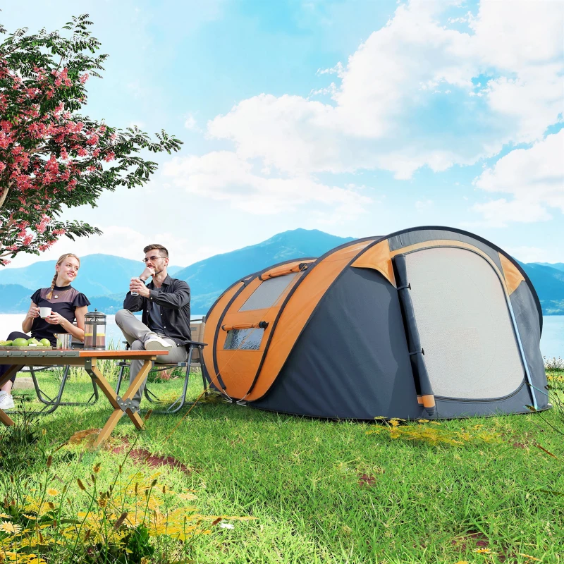 Outsunny 4 Person Camping Tent, Easy Pop Up Tent with Doors, Windows and Carry Bag, Automatic Setup Tent for Hiking, Orange