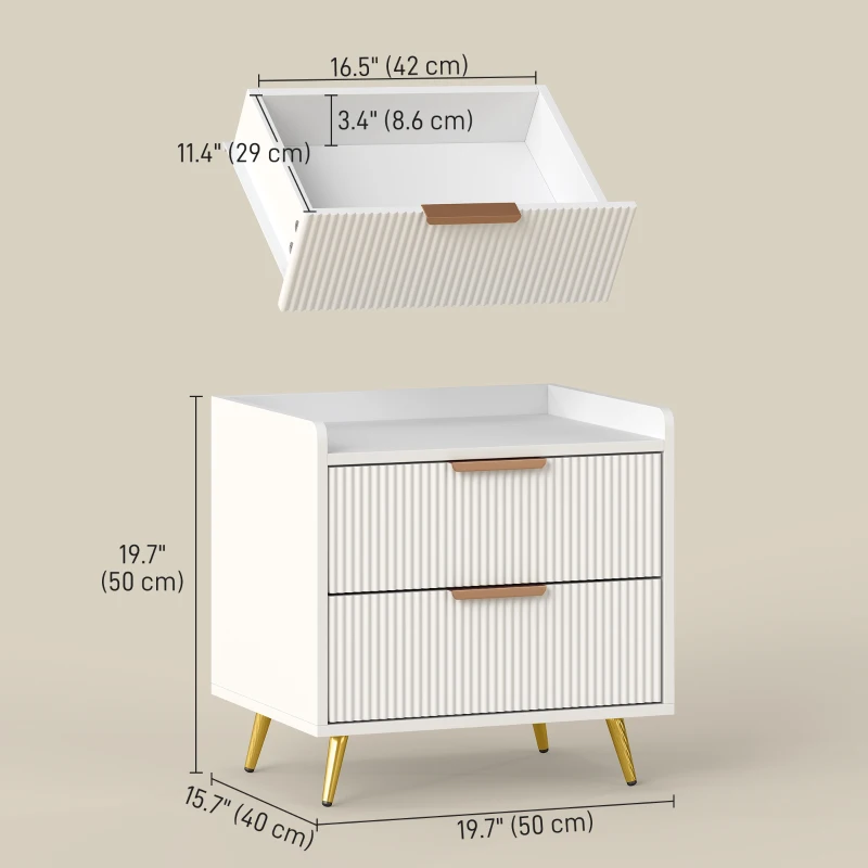 HOMCOM Bedside Table, Nightstand with 2 Drawers, Side End Table with Metal Legs for Bedroom, White