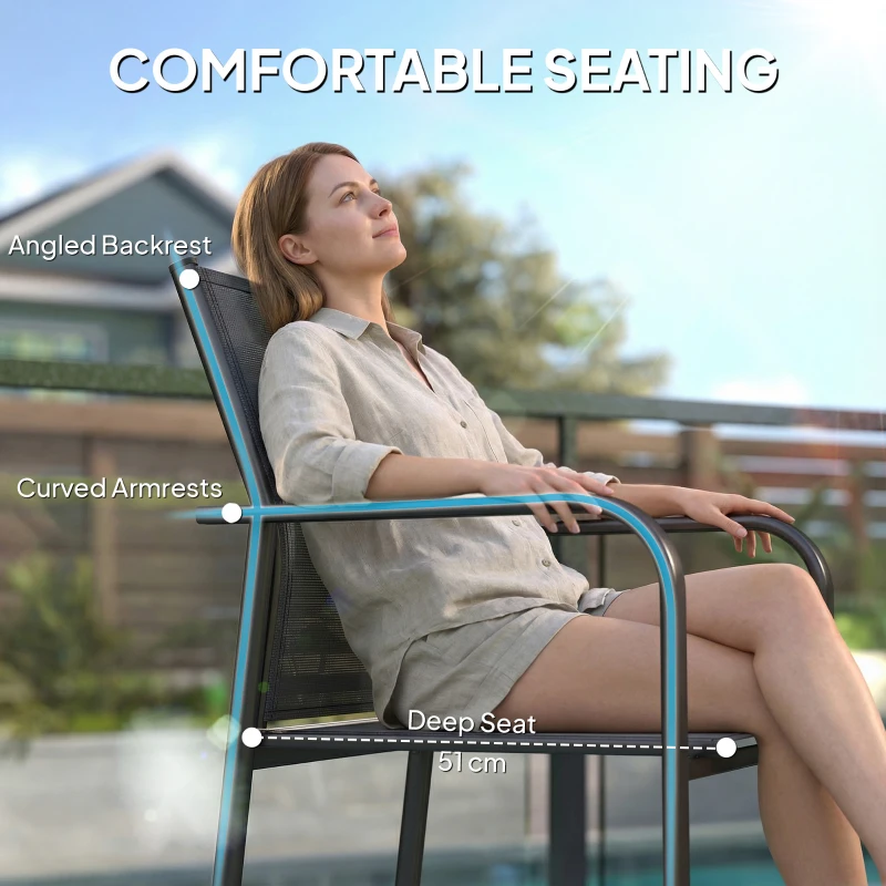 Outsunny Stackable Patio Chairs Set of 4, Outdoor Dining Chairs with 20" Deep Seat, All Weather Breathable Mesh, Armrests, Black