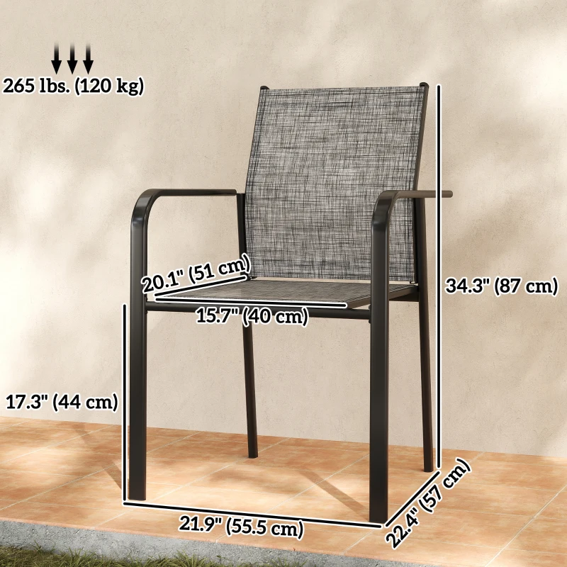 Outsunny Stackable Patio Chairs Set of 4, Outdoor Dining Chairs with 20" Deep Seat, All Weather Breathable Mesh, Armrests, Grey