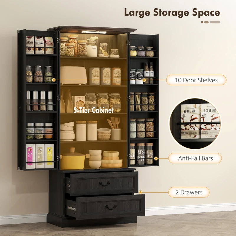 HOMCOM 72" LED Kitchen Pantry Cabinet, Buffet Storage Cabinet with 10 Door Shelves, 2 Drawers and Adjustable Shelves, Black