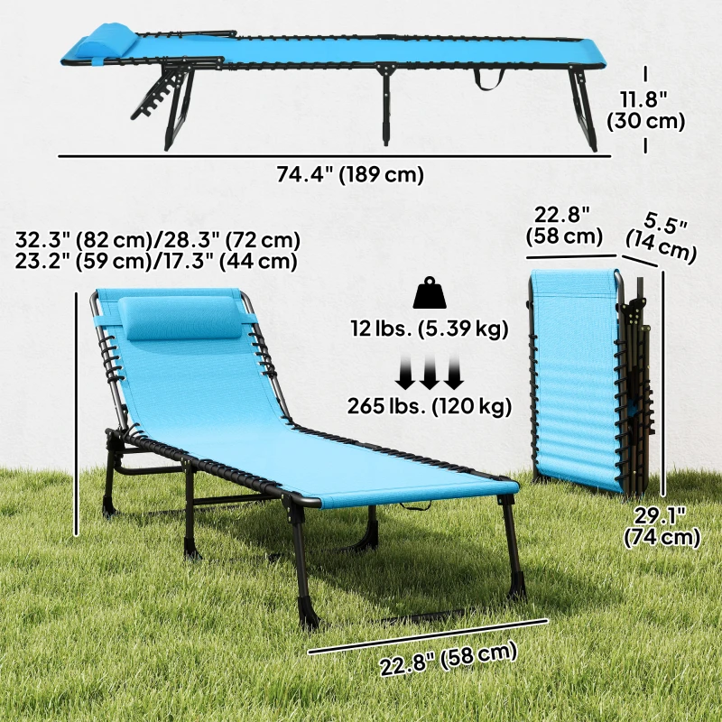 Outsunny Outdoor Folding Lounge Chair, 4-Level Adjustable Chaise Lounge with Headrest, Tanning Chair Beach Bed, Reclining Lounger Cot for Camping, Hiking, Backyard, Sky Blue
