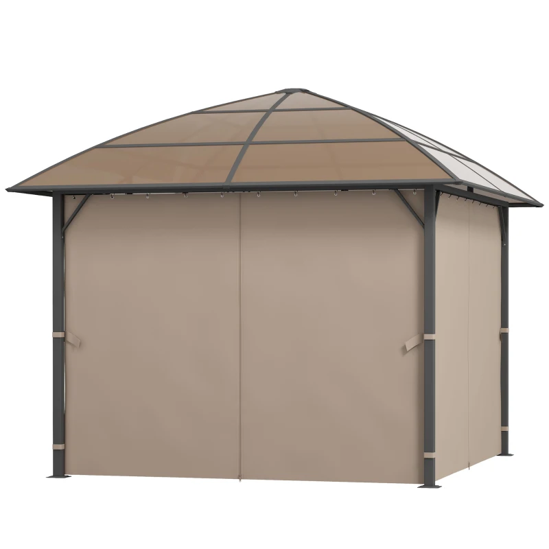 Outsunny 10' x 10' Outdoor Hardtop Gazebo Canopy with UV60+ Polycarbonate Roof, Steel Frame, Central Hook, Curtains, Khaki