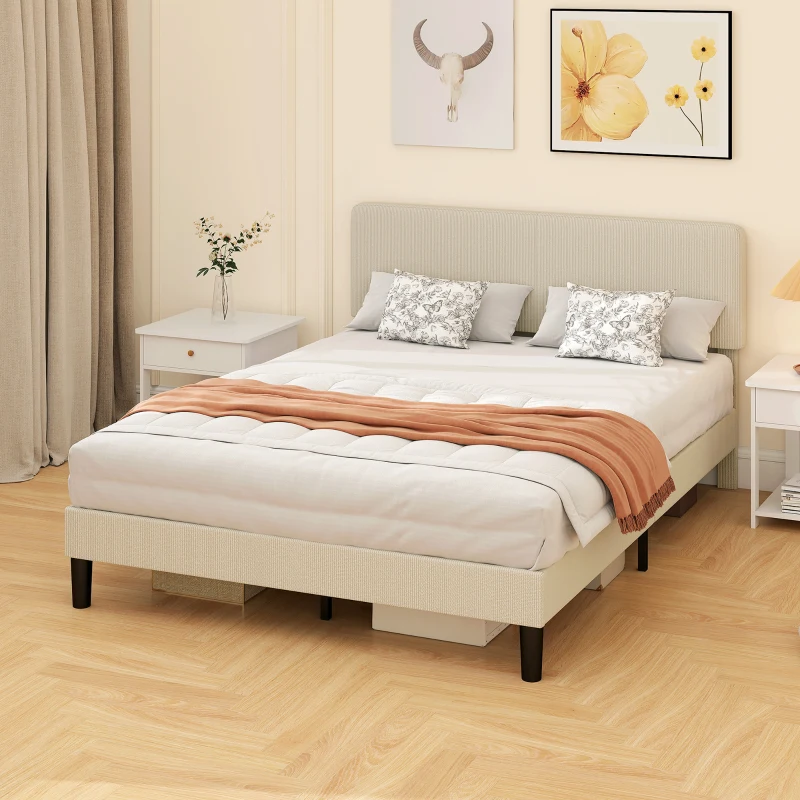 HOMCOM Queen Size Bed Frame with Adjustable Upholstered Headboard Platform Bed Frame Wood Slat Support Noise Free Light Grey
