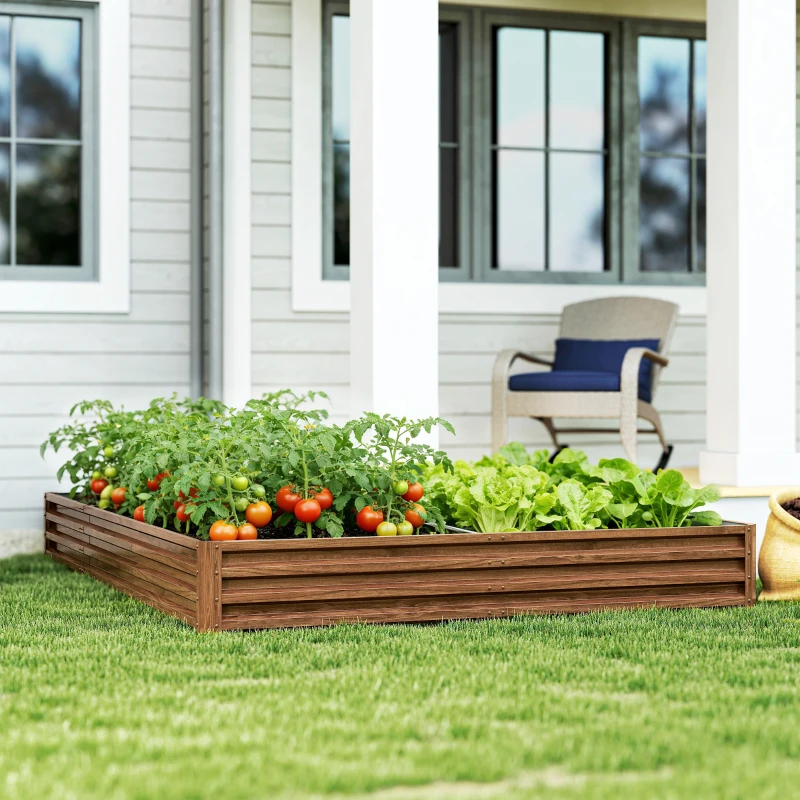 Outsunny L-Shaped Raised Garden Bed, 82" x 109" x 12" Galvanized Steel Planter Box with Multi-reinforced Rods for Vegetables, Flowers and Herbs, Dark Brown Wood Effect