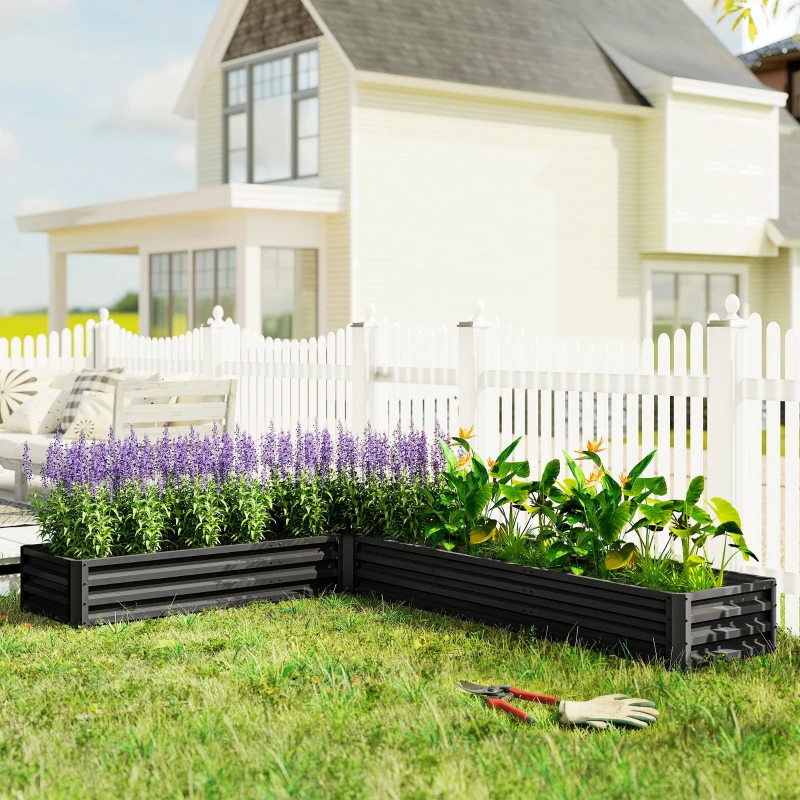 Outsunny L-Shaped Raised Garden Bed, 82" x 109" x 12" Galvanized Steel Planter Box with Multi-reinforced Rods for Vegetables, Flowers and Herbs, Black