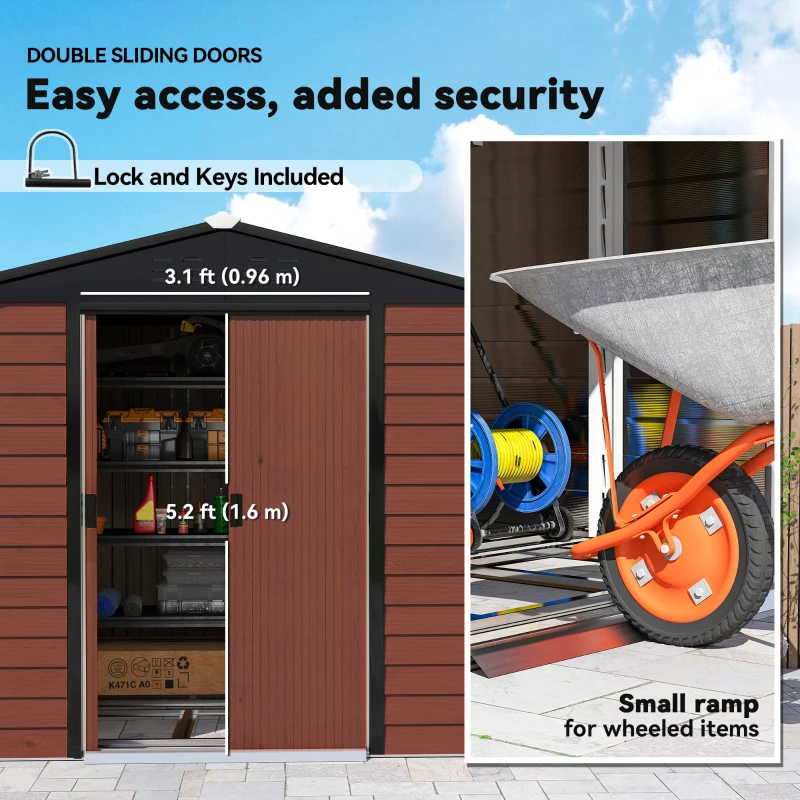 Outsunny 8' x 7' Outdoor Storage Shed, Galvanized Steel Metal Garden Shed with Lockable Doors, Floor Frame, Vents, Lock and Gloves for Backyard, Lawn, Patio, Teak