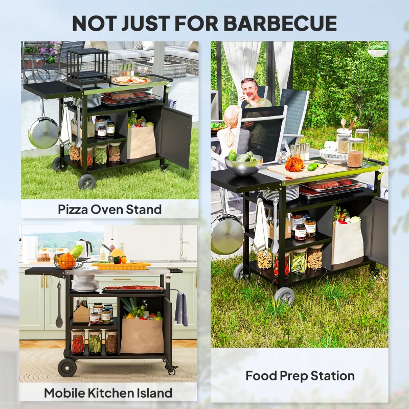 Outsunny Outdoor BBQ Stand with Foldable Side Table, Stainless Steel Top, Pizza Oven Table with Wheels Hooks Shelves