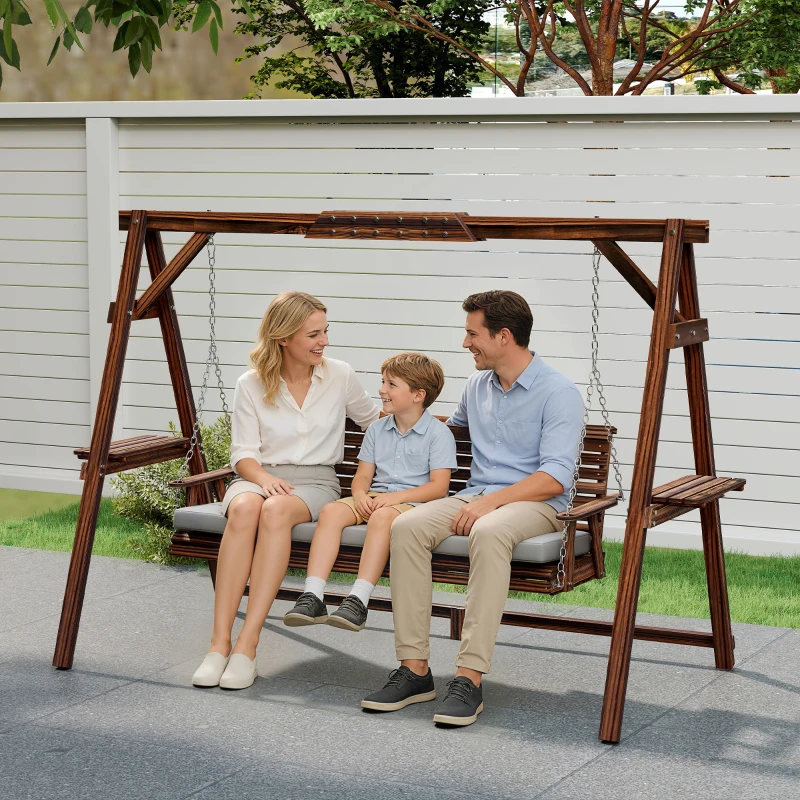 Outsunny 3 Seat Wooden Porch Swing with Stand, Patio Swing with Cushion, for Garden, Poolside, Backyard, Carbonized Brown