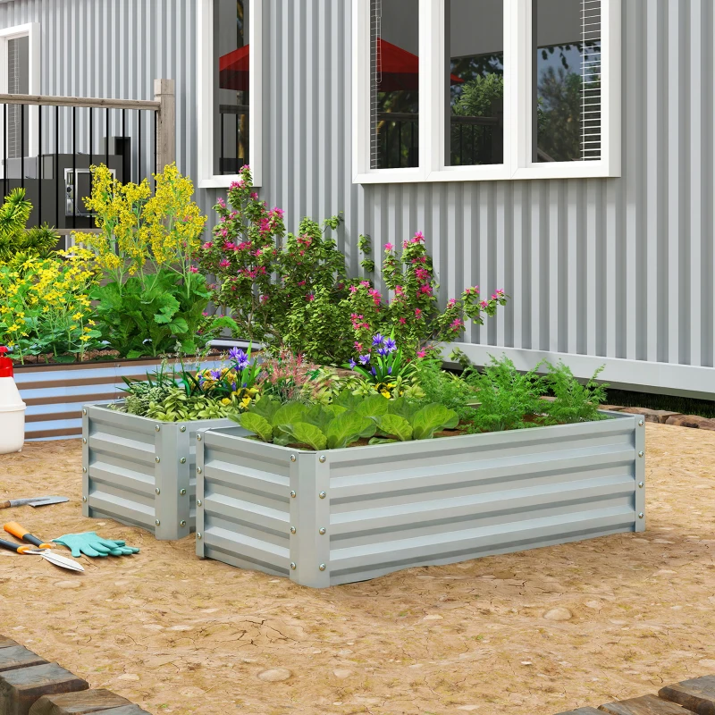 Outsunny Galvanized Raised Garden Beds, Outdoor Planter Box, Set of 2, for Flowers, Herbs and Vegetables, Silver