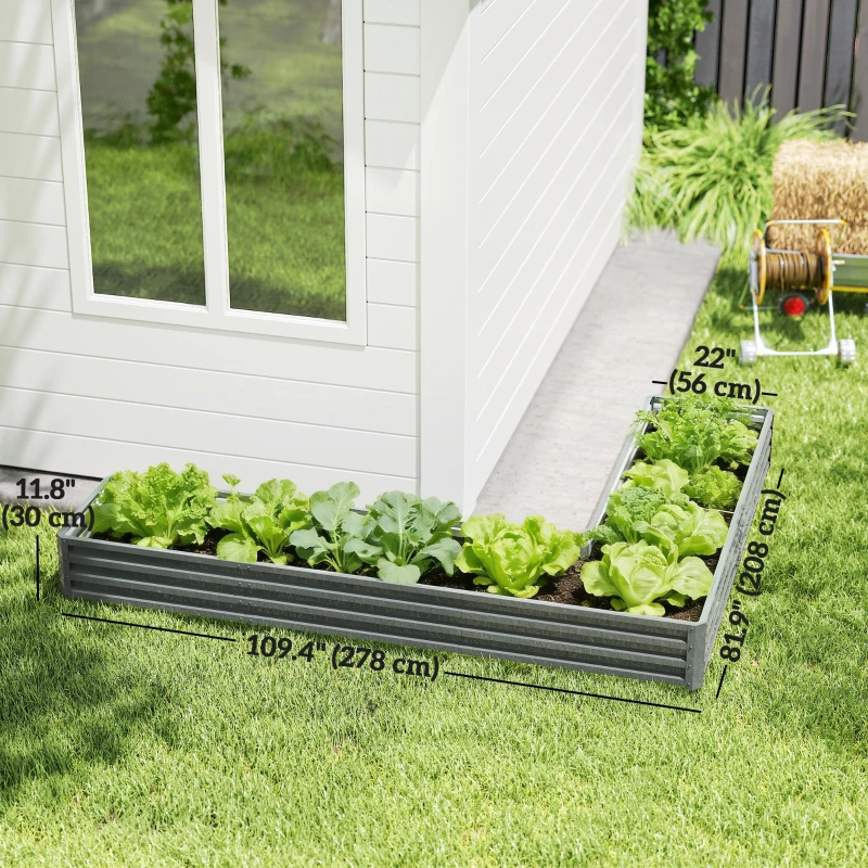 Outsunny L-Shaped Raised Garden Bed, 82" x 109" x 12" Galvanized Steel Planter Box with Multi-reinforced Rods for Vegetables, Flowers and Herbs, Light Grey