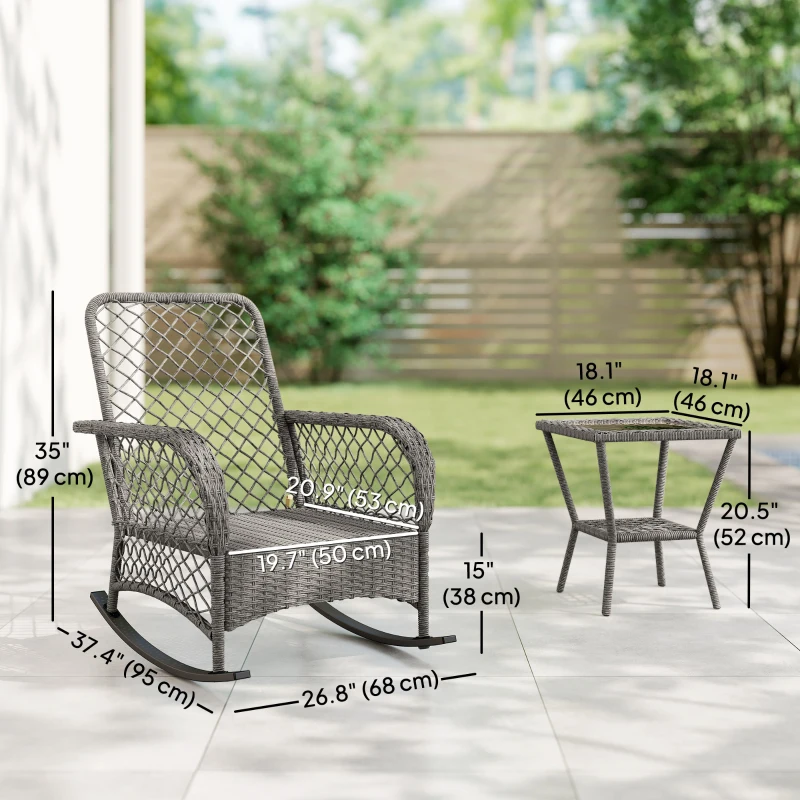 Outsunny Rocking Bistro Set, 3 Piece Wicker Patio Furniture with High Back Rocking Chairs and 2-Tier Glass Table, Light Grey