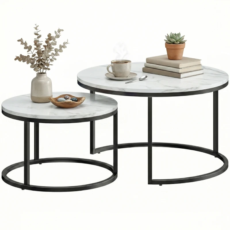HOMCOM Modern Coffee Table Set of 2, Nesting Side Tables w/ Metal Base for Living Room Bedroom Office Marble White