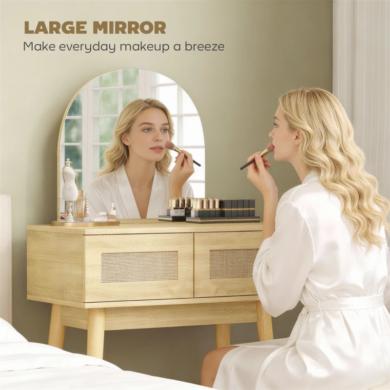 HOMCOM Vanity Desk, Makeup Vanity with with Mirror and 2 Drawers, Natural Wood