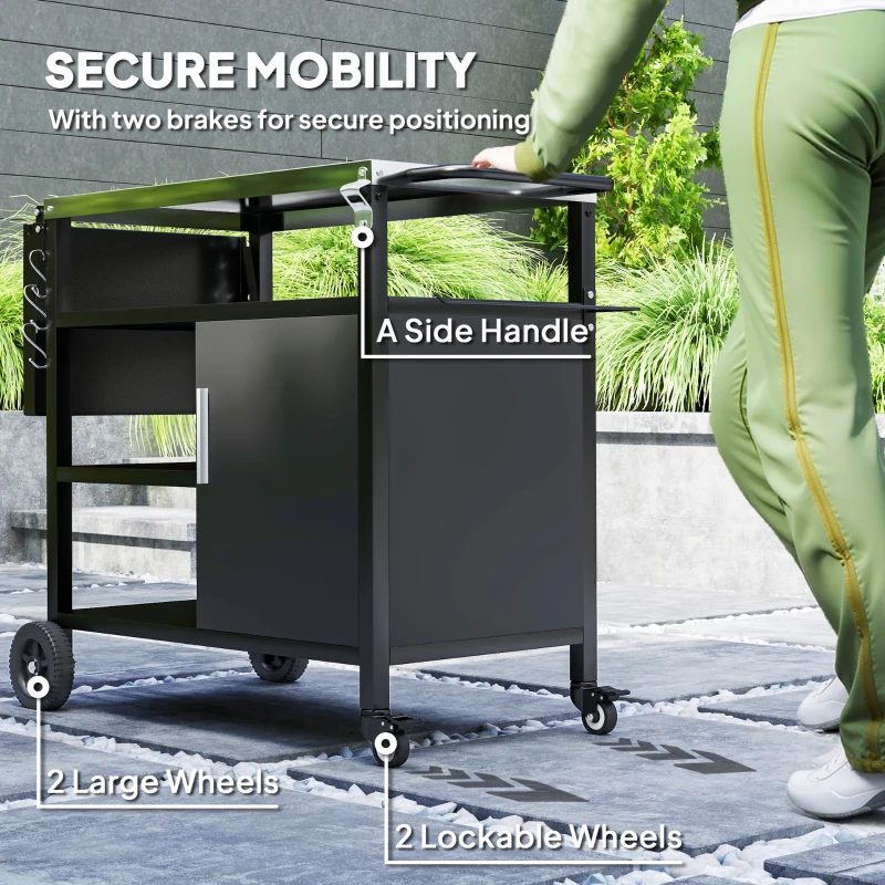 Outsunny Outdoor BBQ Stand with Foldable Side Table, Stainless Steel Top, Pizza Oven Table with Wheels Hooks Shelves