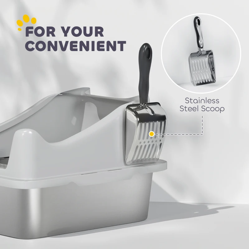 PawHut Cat Litter Box Stainless Steel with Metal Litter Scoop, Never Absorbs Odors, Anti Leakage, 17" x 13" x 10", Grey