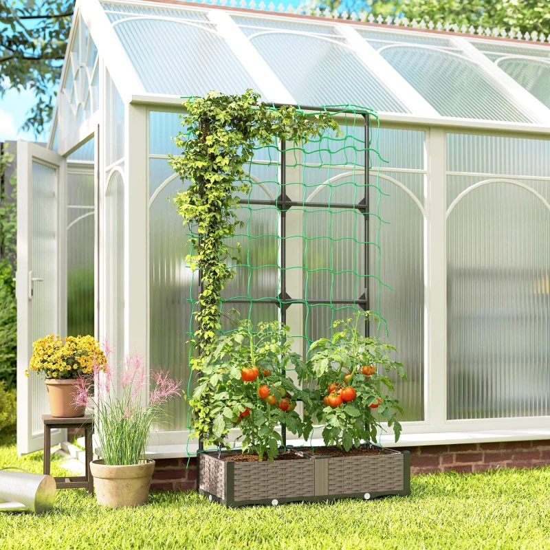 Outsunny 2PCS Plastic Planter Box with Trellis, Self-Watering Raised Garden Bed with Trellis and Netting
