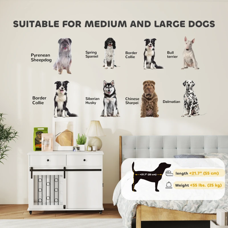 PawHut 39" Dog Crate Furniture, Dog Kennel Indoor with 2 Drawers, Wheels, Sliding Door, Dog Cage for Medium Large Dogs, Oak