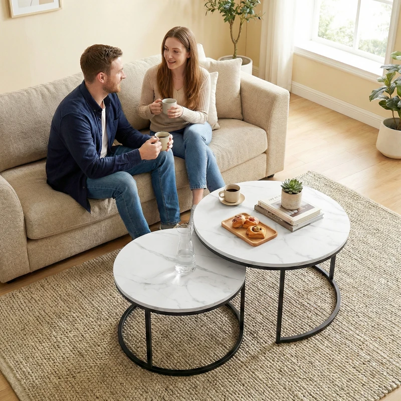 HOMCOM Modern Coffee Table Set of 2, Nesting Side Tables w/ Metal Base for Living Room Bedroom Office Marble White