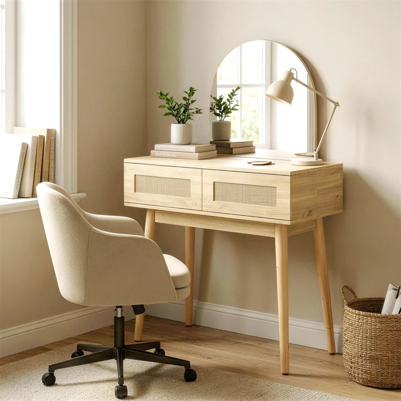 HOMCOM Vanity Desk, Makeup Vanity with with Mirror and 2 Drawers, Natural Wood