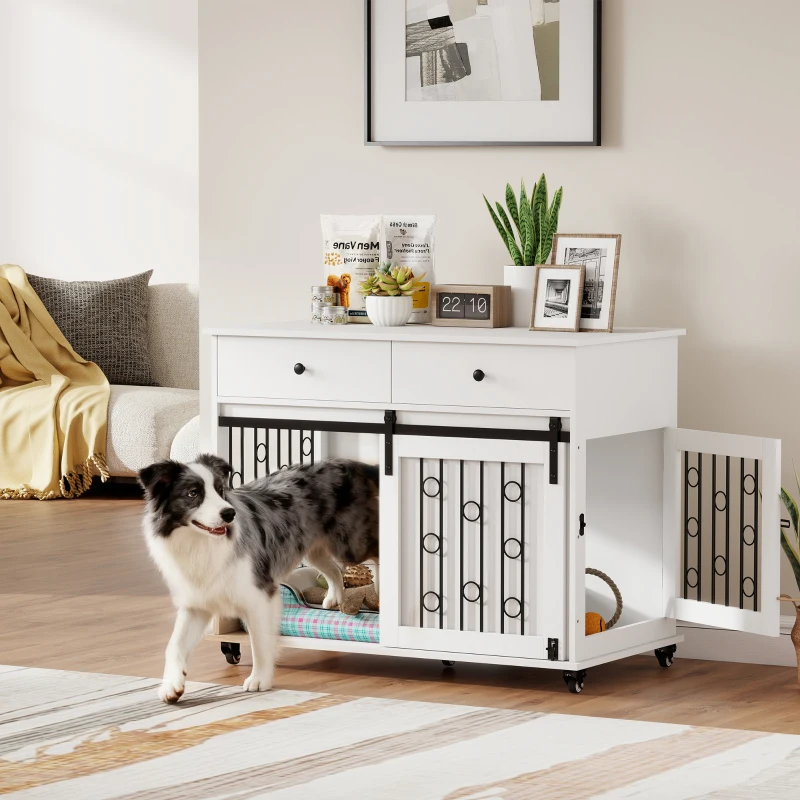 PawHut 39" Dog Crate Furniture, Dog Kennel Indoor with 2 Drawers, Wheels, Sliding Door, Dog Cage for Medium Large Dogs, Oak